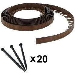 GT GARDEN Bordure De Jardin Flexible Marron - 3,8 Cm X 10 Mètres Avec 20 Piquets D'ancrage